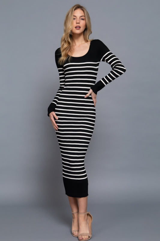Long Slv Round Neck Stripe Sweater Long Dress Shop One Place
