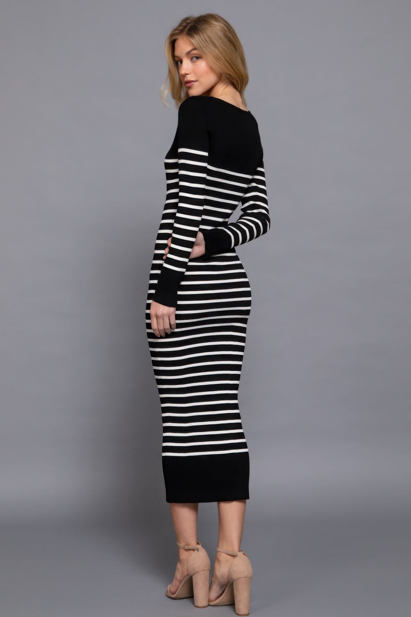 Long Slv Round Neck Stripe Sweater Long Dress Shop One Place