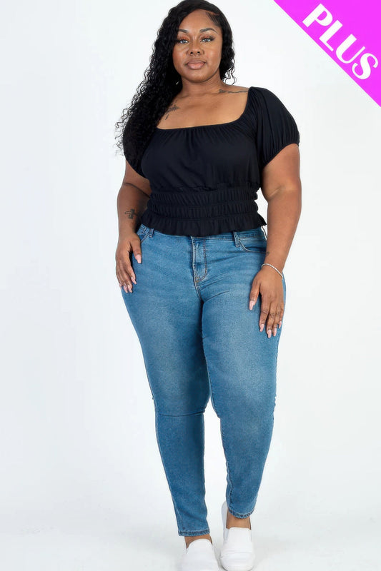 Plus size casual ruched puff sleeve ribbed knit solid top Shop One Place