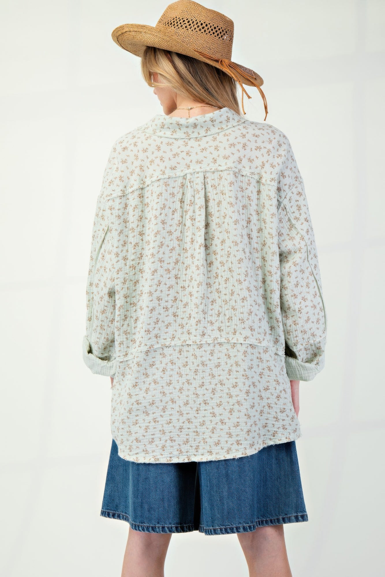 Printed cotton gauze button down woven shirt Shop One Place