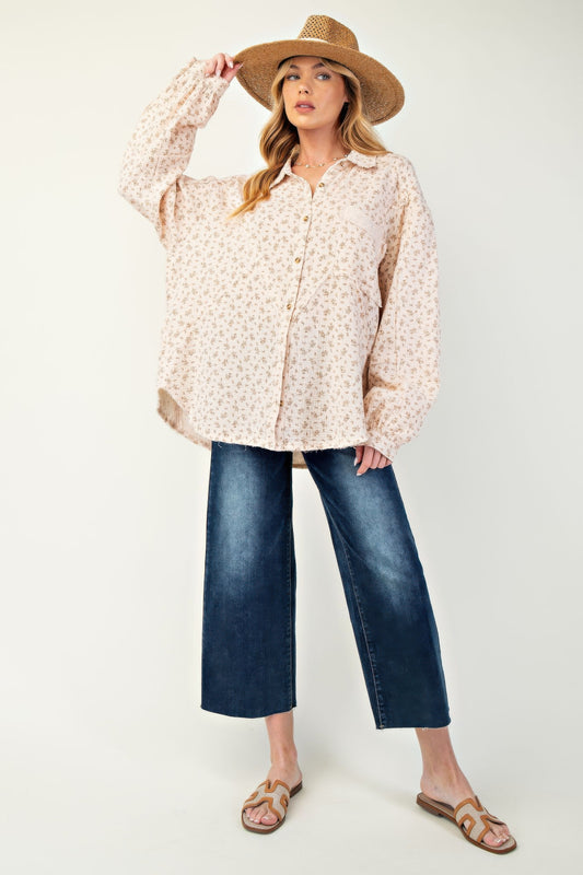 Printed cotton gauze button down woven shirt Shop One Place