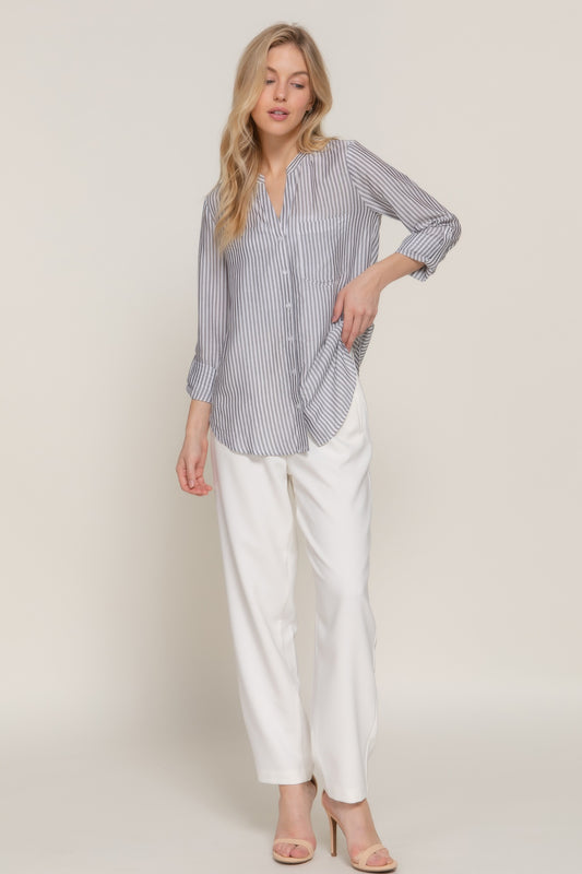 Long Slv Split Round Neck Stripe Woven Shirt Shop One Place