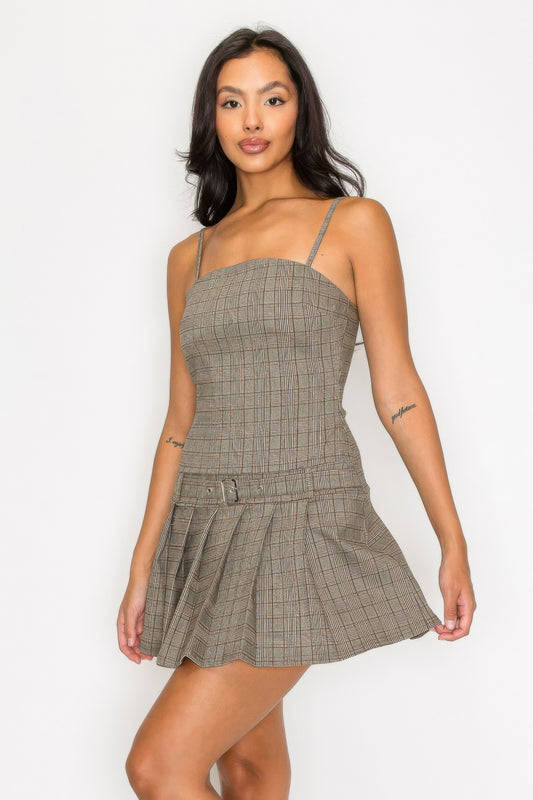 Belted Plaid Zip-up Pleated Dress Shop One Place