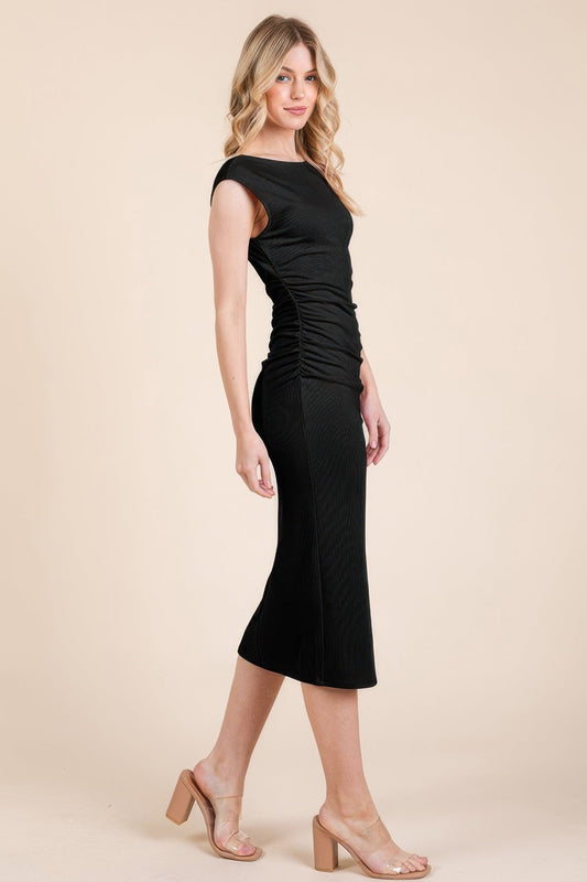 Cap Sleeve Boatneck Open Back Midi Dress Shop One Place