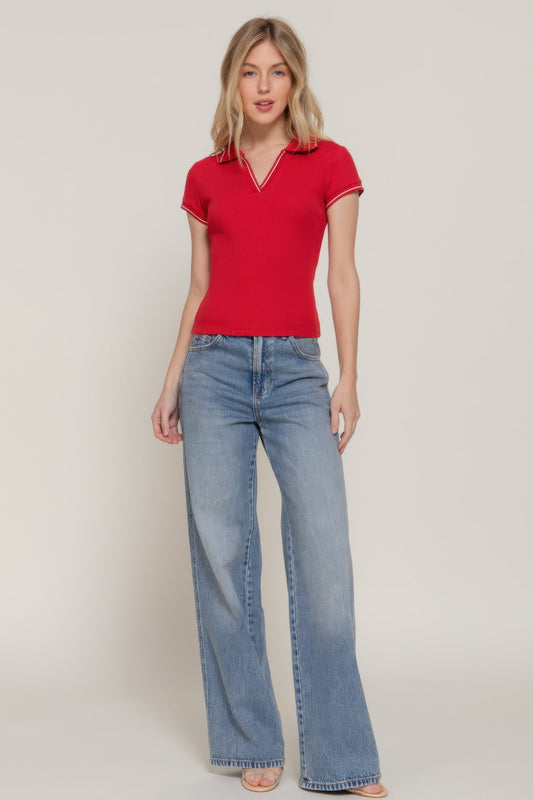 Short Slv Line Detail Polo Rib Knit Top Shop One Place