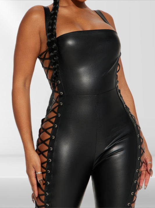 Lace-up Faux Leather Jumpsuit Shop One Place