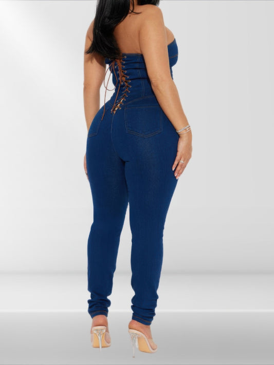 Strapless Denim Jumpsuit With Lace Up Back Shop One Place