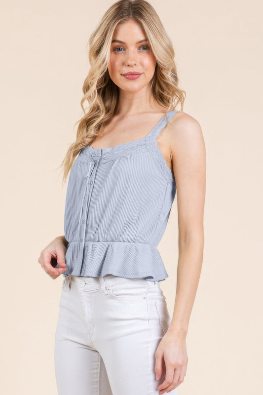 Lace Peplum Tie Front Ribbed Cami Top Shop One Place