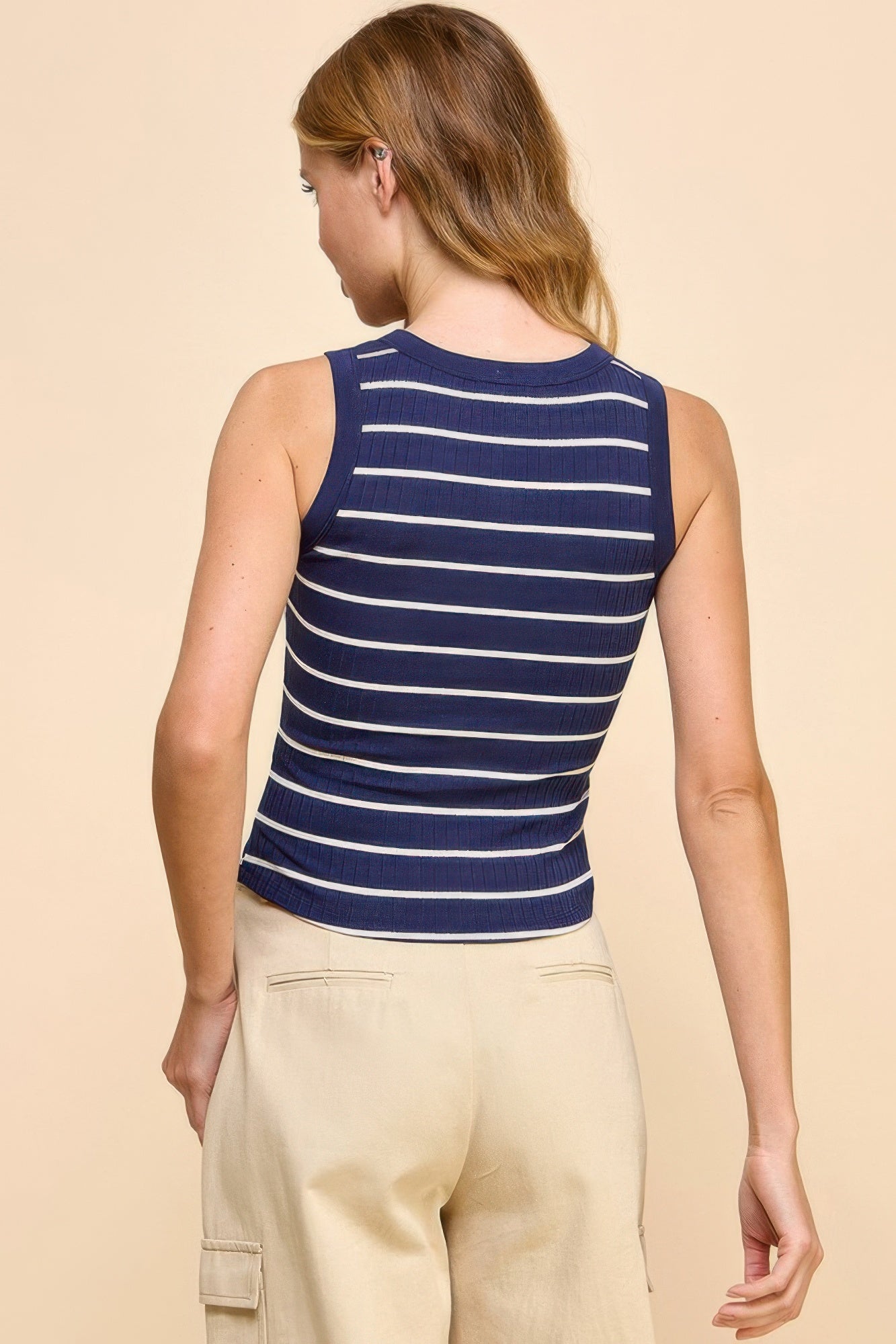 Button Detail Contrast Binding Stripe Tank Top Shop One Place