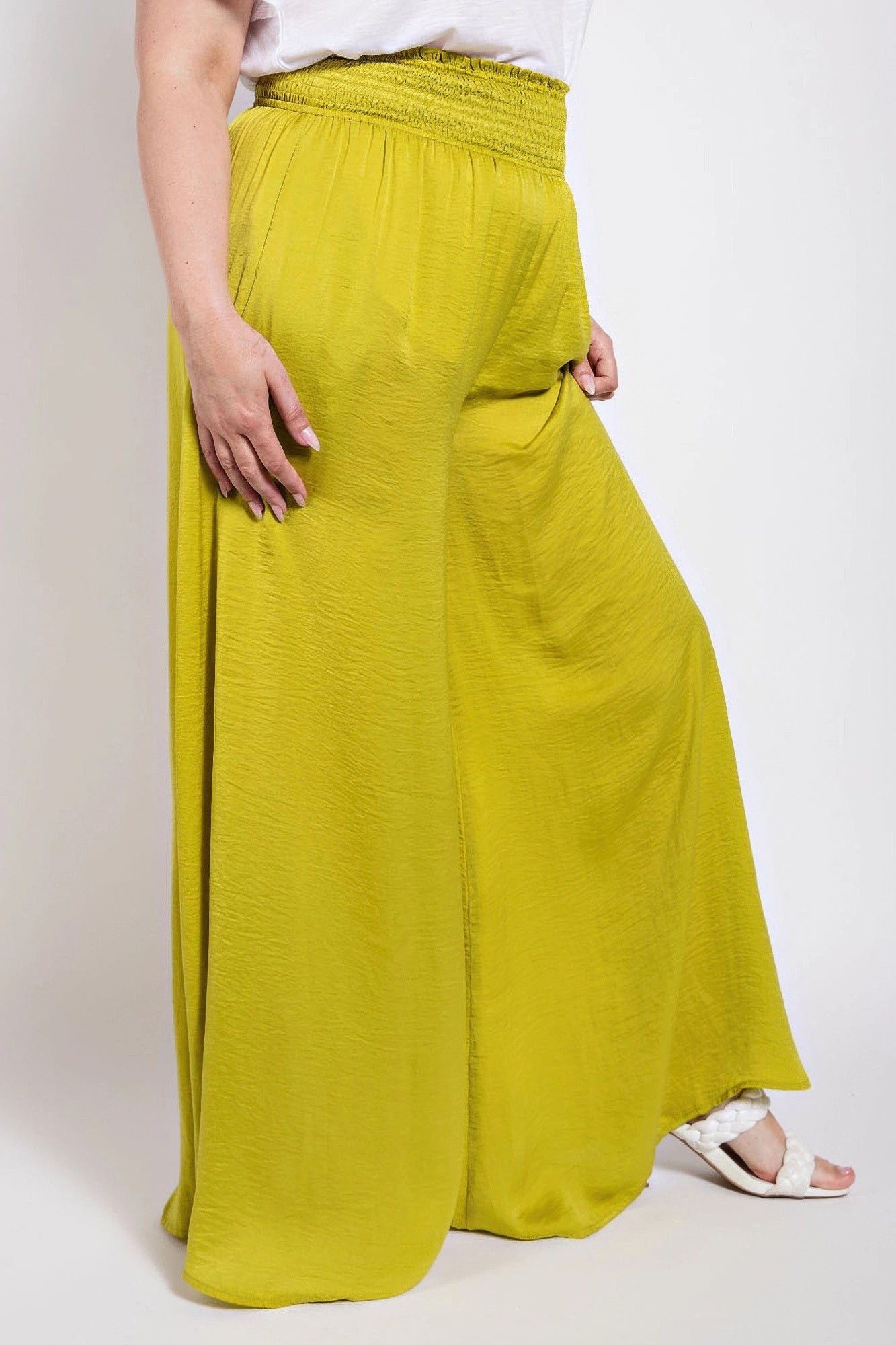 Washed Satin Wide Pants With Waist Smocked Shop One Place
