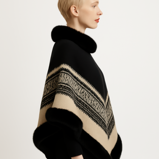 Chevron Trim Poncho With Faux Fur Collar Shop One Place