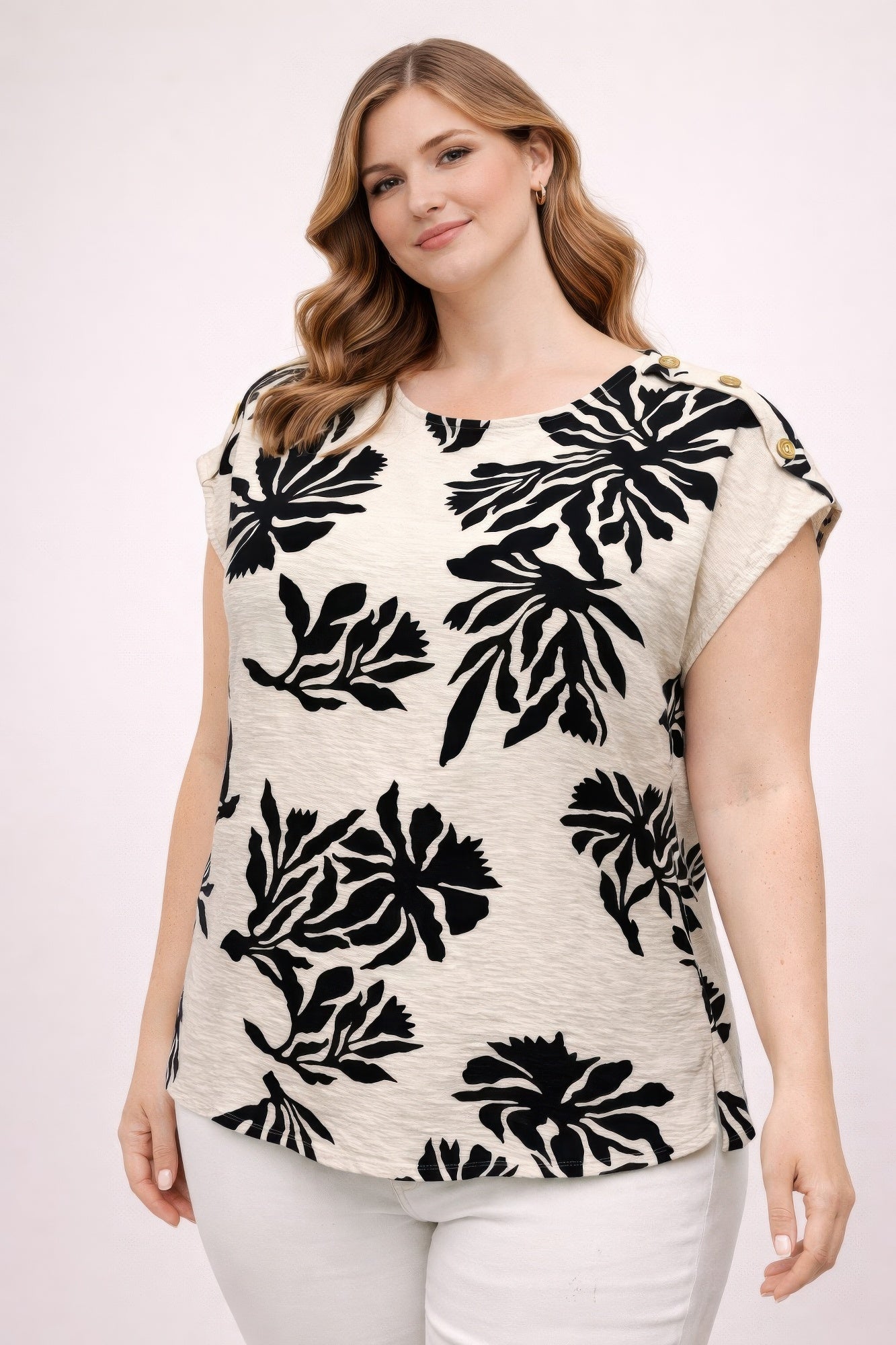 Plus Size Tropical Leaf Print Button-shoulder Top Shop One Place