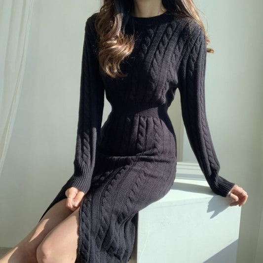 Chic Round Neck Hemp Pattern Reversible Front Back Split Sweater Dress Shop One Place