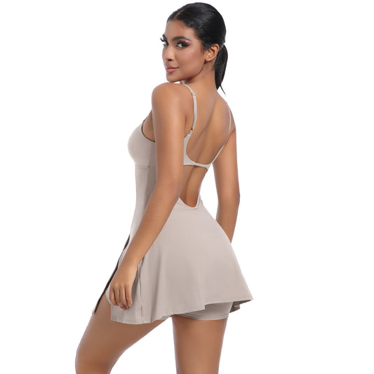 Women's Sports Jumpsuit Dress – Sleeveless Fitness Outfit with Built-in Culottes Shop One Place