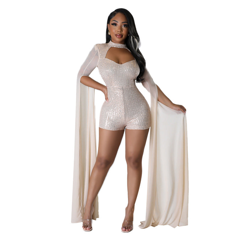 Autumn Sexy Hollow Out Cutout Low Cut Sequined Romper Women Clothing Long Sleeve Ribbon Jumpsuit Shop One Place
