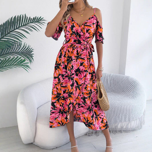 Cross V neck Floral Strap Dress Shop One Place