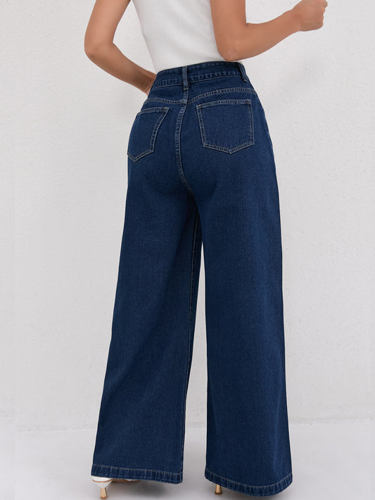 High Waist Dark Blue Wide Leg Mopping Jeans Shop One Place
