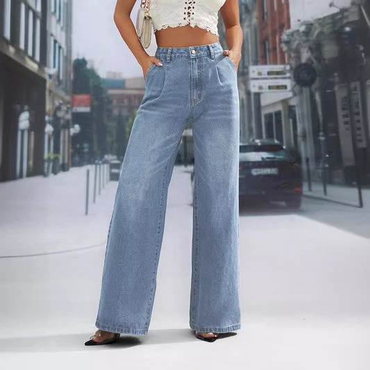 Women Clothing Denim Fashionable Figure Flattering High Waist Wide Leg Straight Denim Trousers Shop One Place