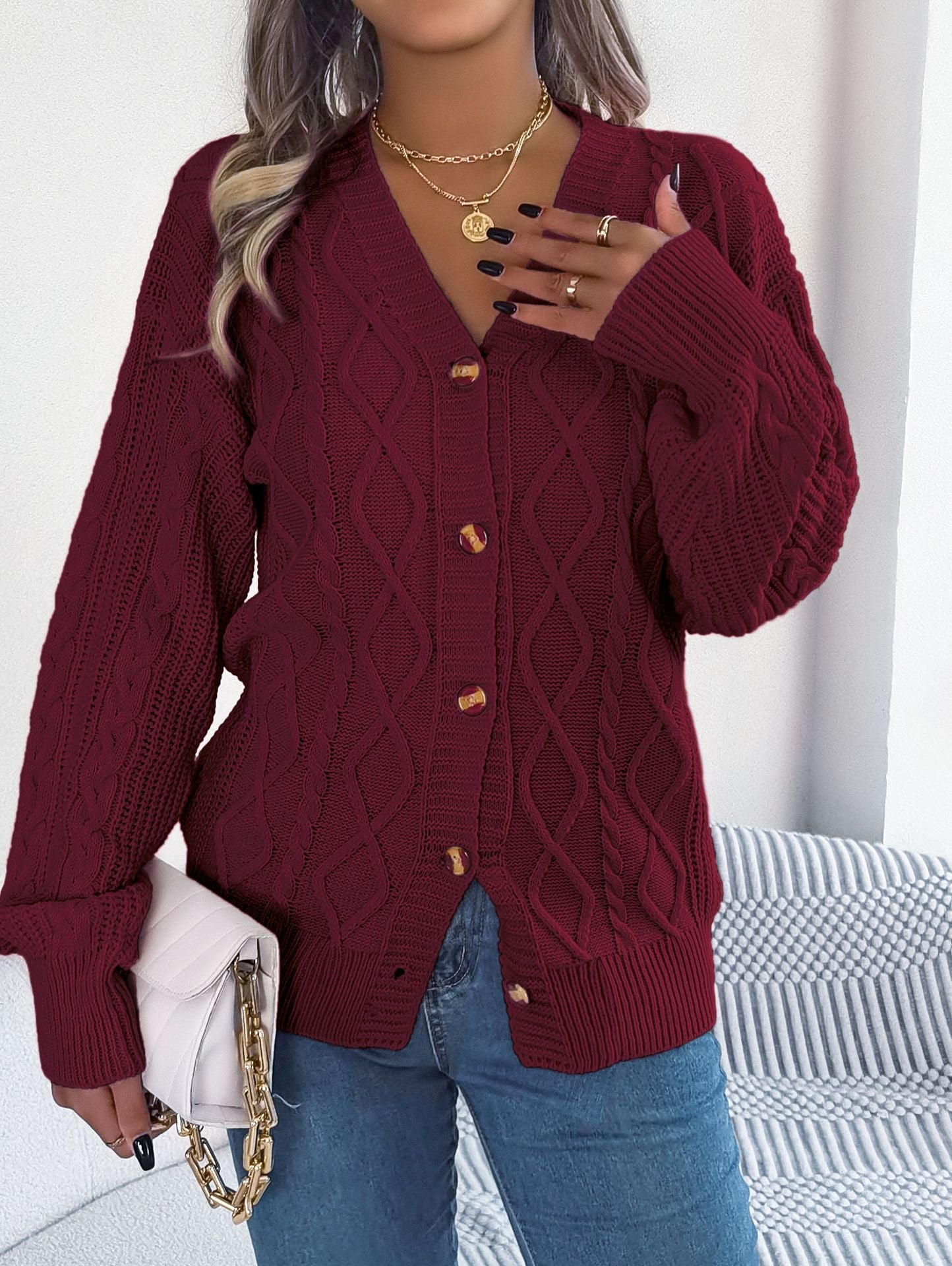 Winter Casual V Neck Lantern Sleeve Twist Button Knitted Cardigan Shop One Place