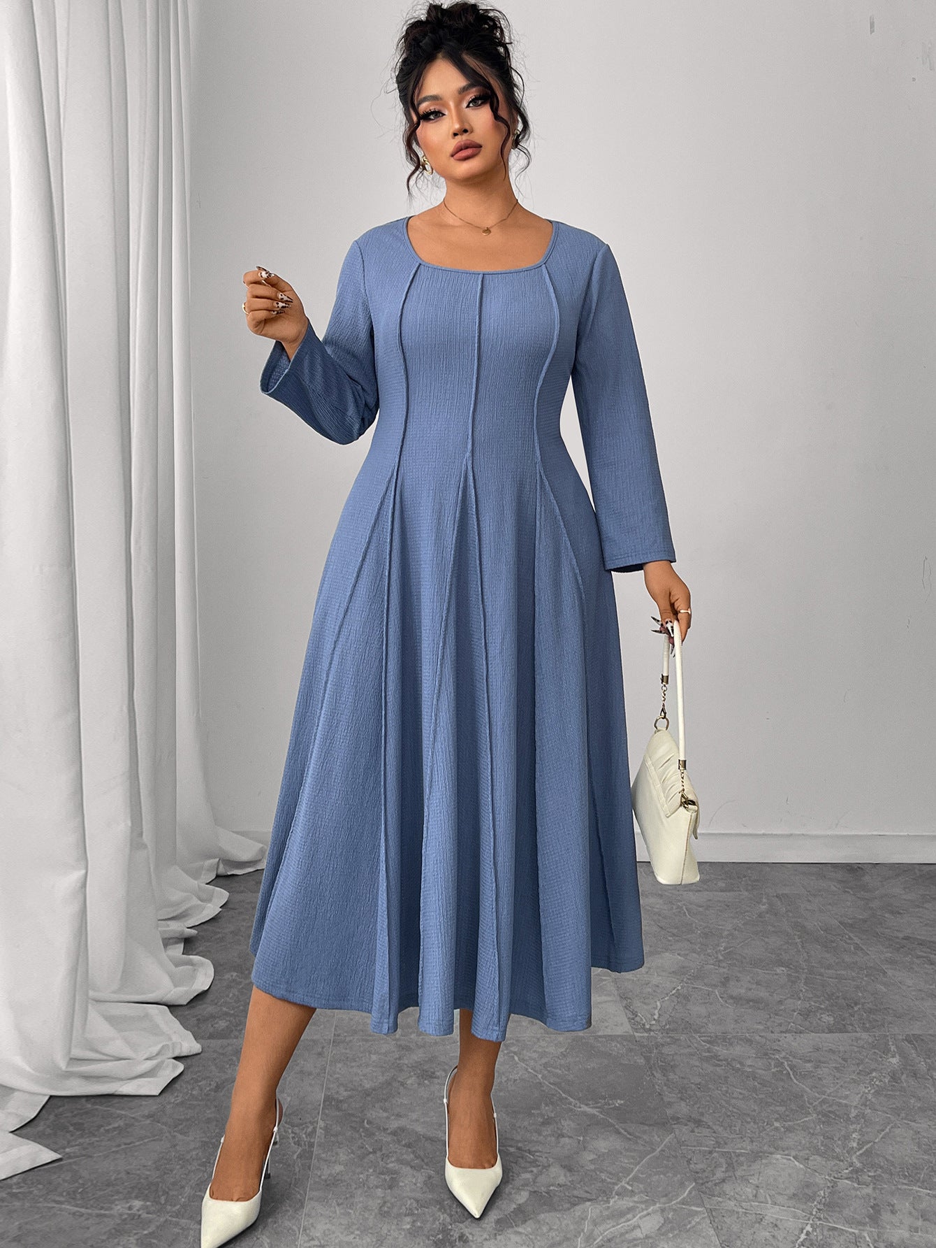 Plus Size Square Collar Long Sleeve Maxi Dress