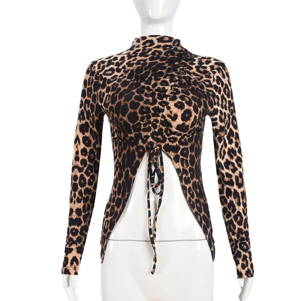 Leopard Print Drawstring Cropped Long Sleeved Top Shop One Place