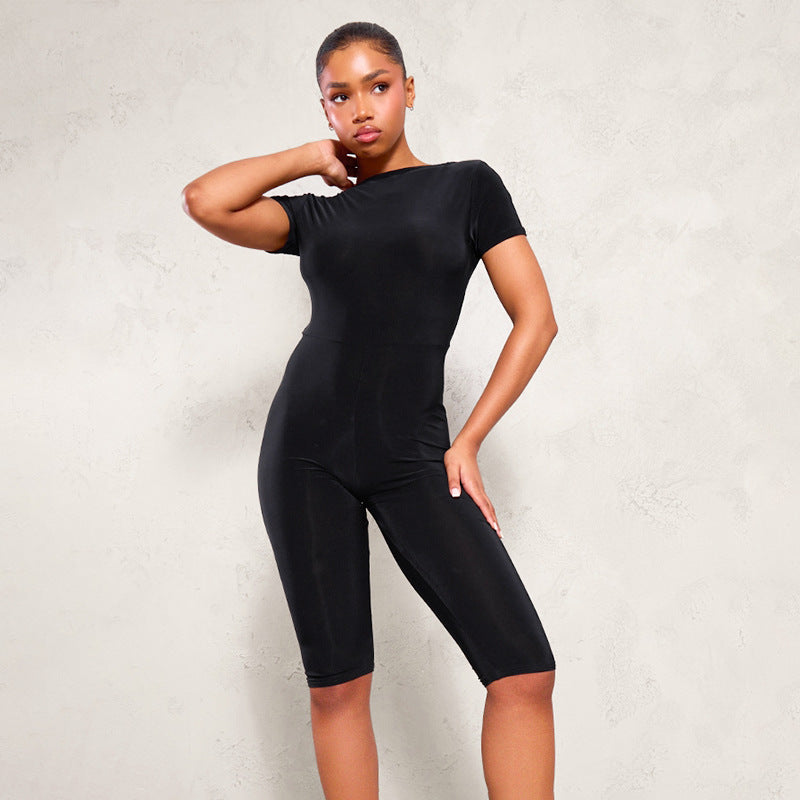 Women Clothing Summer Leopard Print Round Neck Short Sleeve Bare Back Slim Fit Romper Shop One Place