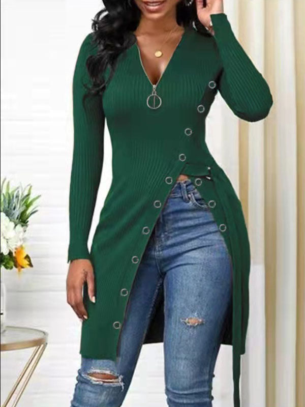 Autumn Winter Women Clothing V-neck Long Sleeve High Slit Thread Zipper T-shirt Top Shop One Place