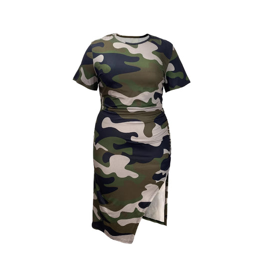 Plus Size Camouflage Printed round Neck Side Pleated High Slit Shoulder Sleeve Dress Shop One Place