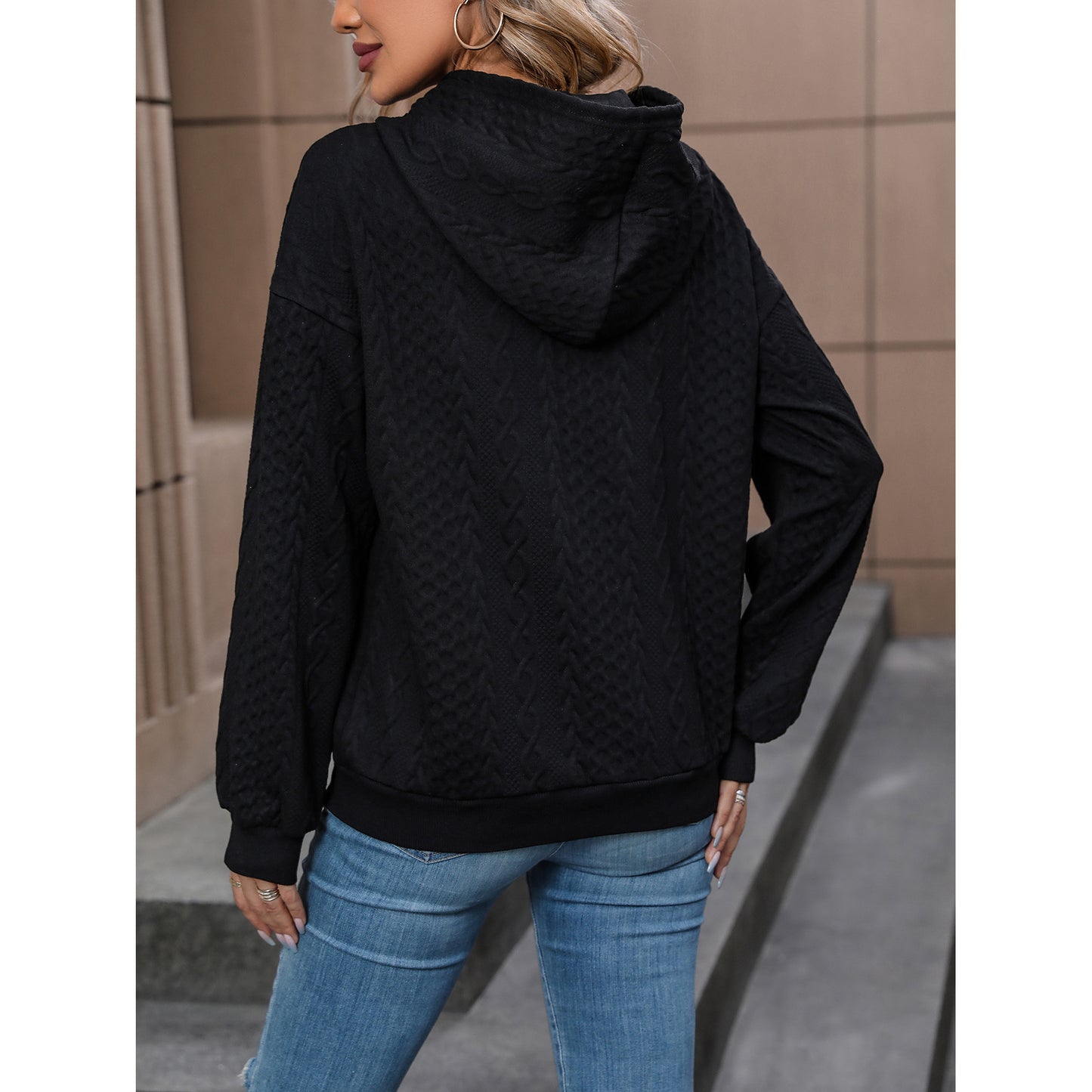 Long Sleeve Jacquard Solid Color Hooded Sweater Shop One Place