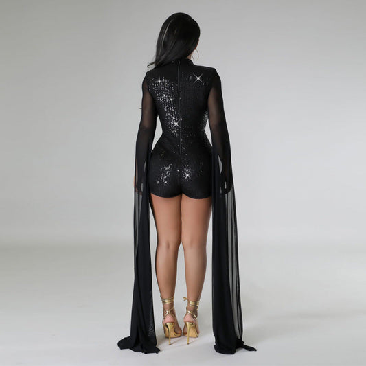 Autumn Sexy Hollow Out Cutout Low Cut Sequined Romper Women Clothing Long Sleeve Ribbon Jumpsuit Shop One Place