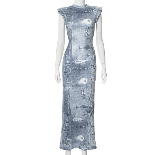 Women's Round Neck Sleeveless Denim Printing Slim High Waist Length Dress Shop One Place