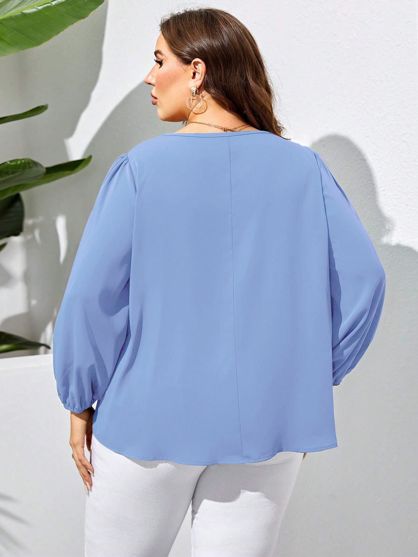 Plus Size Women Clothes Autumn Winter V neck Loose Casual Puff Sleeve Shirt Women Top Shop One Place