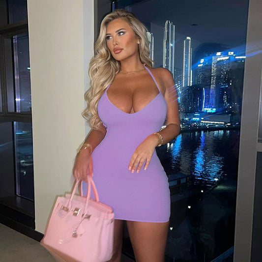 Women's Halter Lace up Solid Color Backless Sexy Sheath Dress Shop One Place