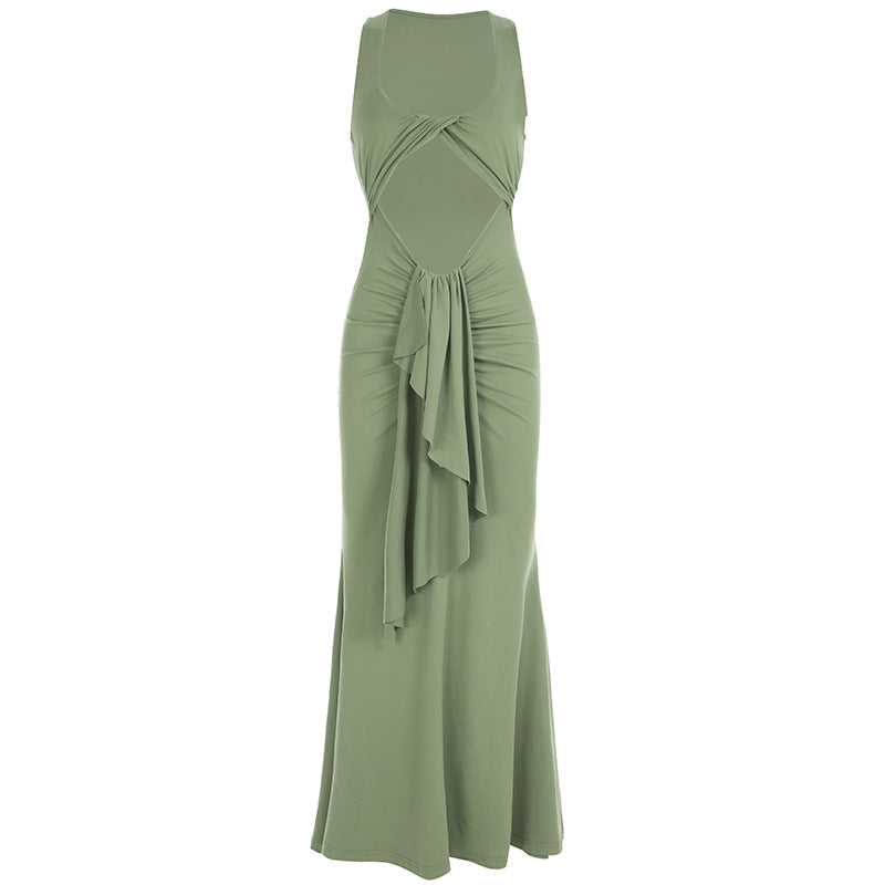 Sexy Twisted Hollow Out Pleated Lace up Halter Sleeveless Fishtail Dress Shop One Place