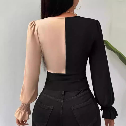 Color Block Stitching Front Twist V Neck Top Shop One Place