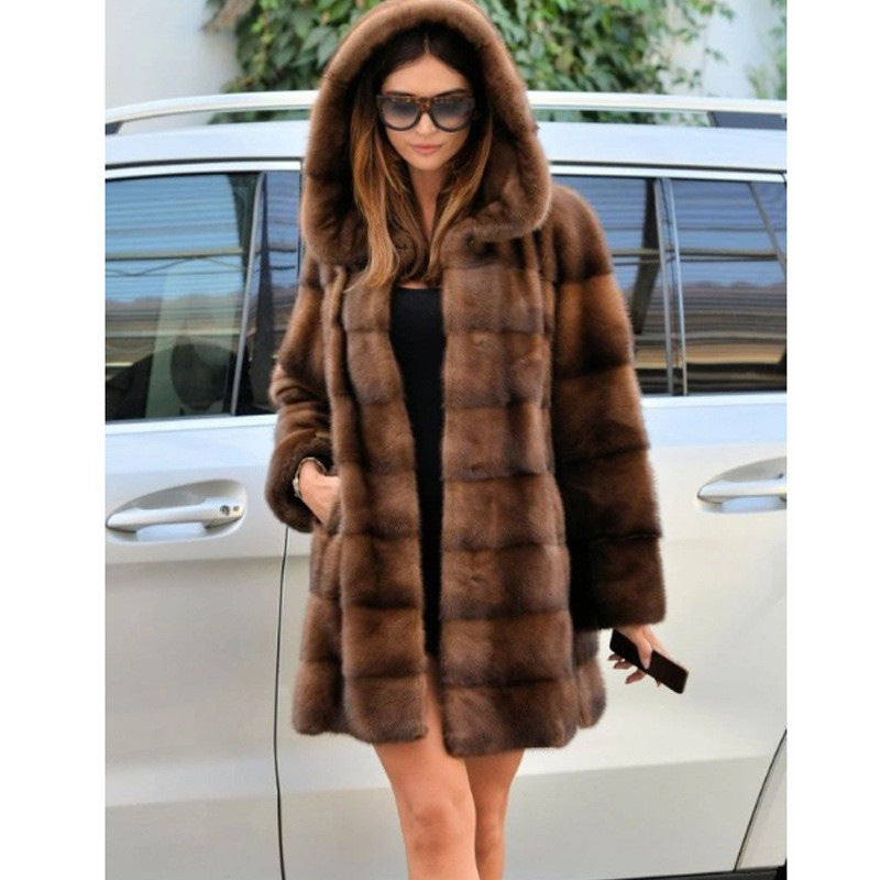 Mid Length Hooded Artificial Mink Coat Fur Shop One Place