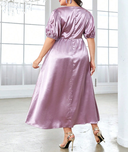 Plus Size Drawstring Waist-Tight Short Sleeve Long Pattern Dress Shop One Place