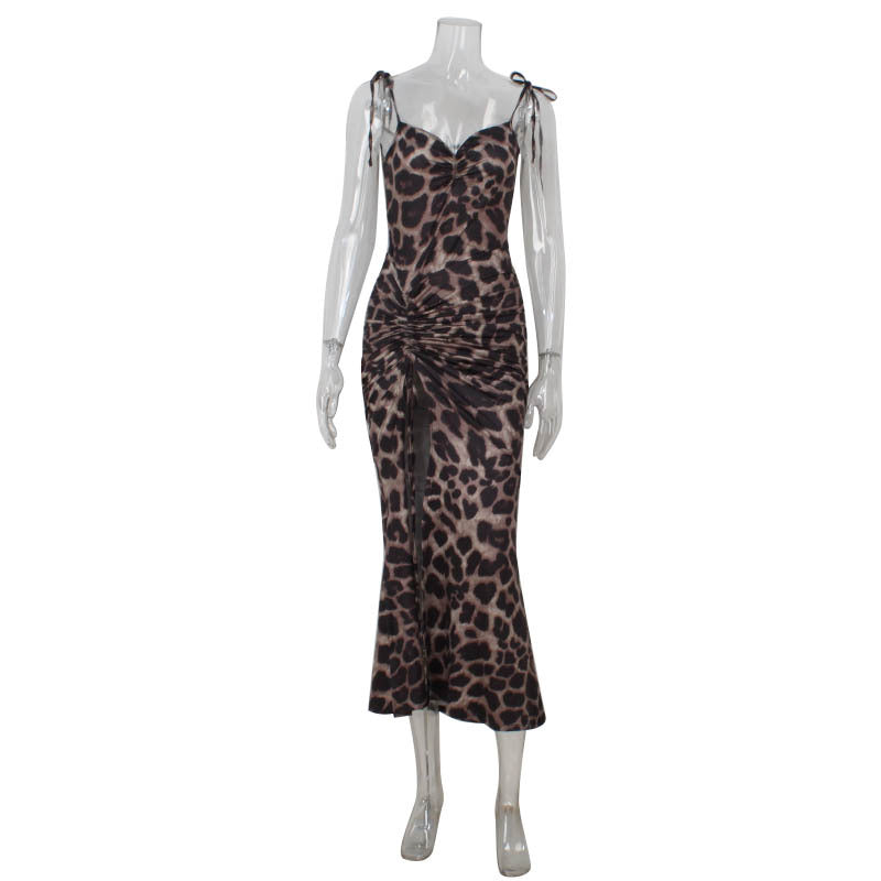 Leopard Print High Waist Slit Sheath Dress Shop One Place