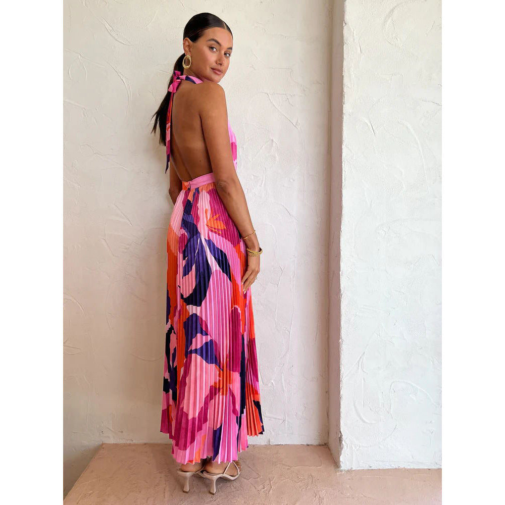 Spring Summer Women's Halter Neck Pleated Dress Shop One Place