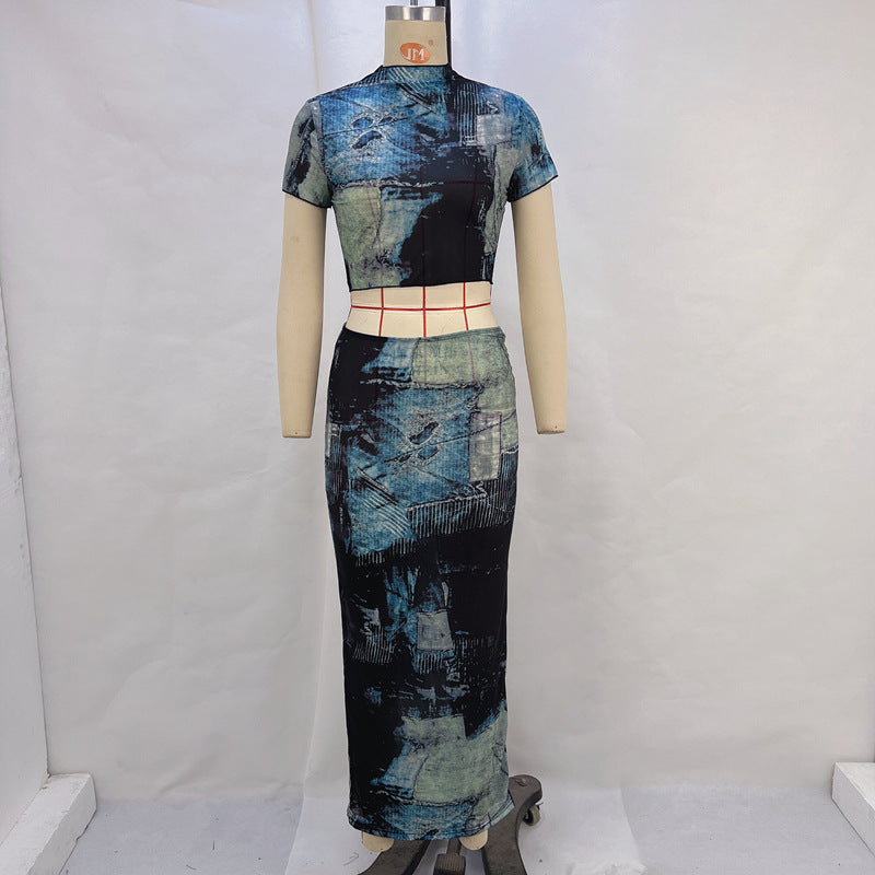 Stand Collar Cropped T Shirt High Waist Skirt Two Piece Sets Shop One Place