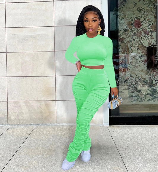 Women's Pleated Pile High Waist Elastic Bell-Bottom Two-Piece Suit Shop One Place