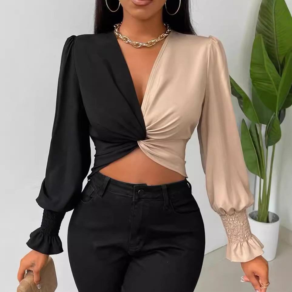 Color Block Stitching Front Twist V Neck Top Shop One Place