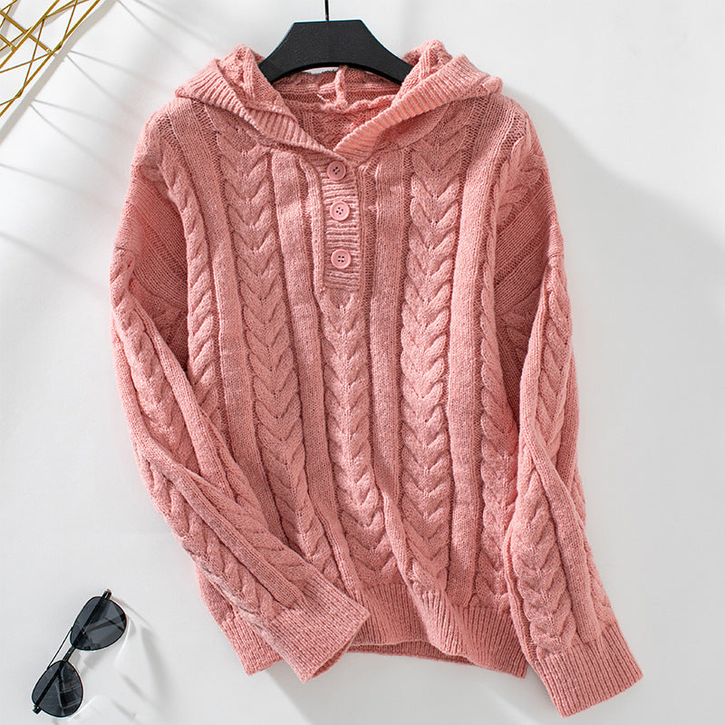 Hooded Pullover Thick Sweater Retro Button Cable Knit Sweater Shop One Place