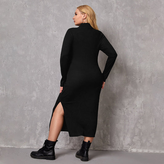 Plus Size Turtleneck Belted Mid Length Long Sleeve Dress Shop One Place