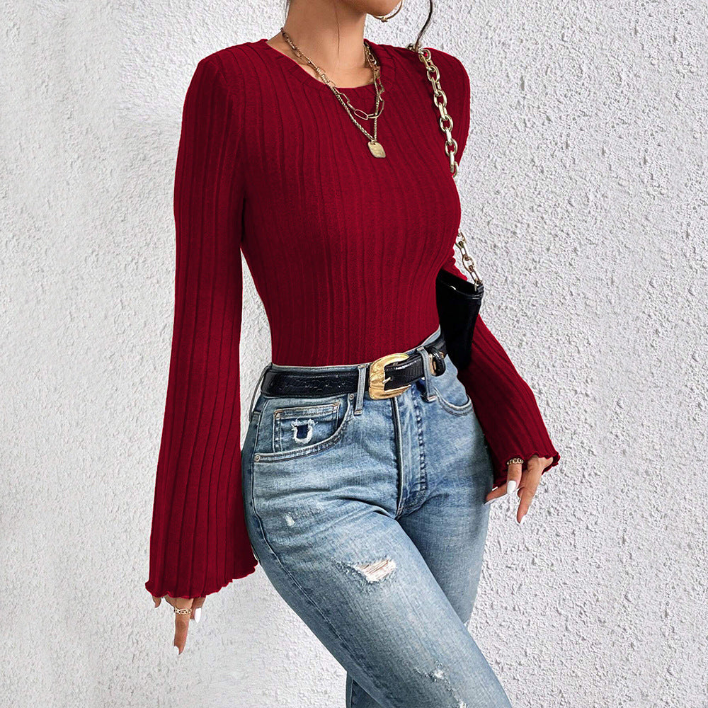 Round Neck Flared Sleeves Wine Red T shirt Autumn Winter Office All Matching Top Shop One Place