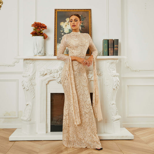 High End Sexy Long Sequined Long Sleeve Round Neck Evening Dress Shop One Place