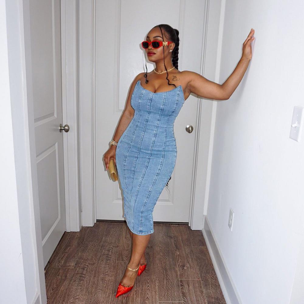 Women Clothing Sexy Slim Fit Stitching Tube Top Denim Dress for Women Shop One Place