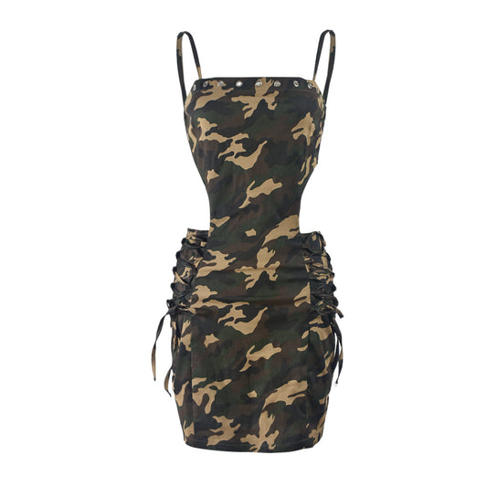 Shoulder Strap Elastic Camouflage Hollow Out Cutout Sexy Lace Up Hip Dress Women Shop One Place