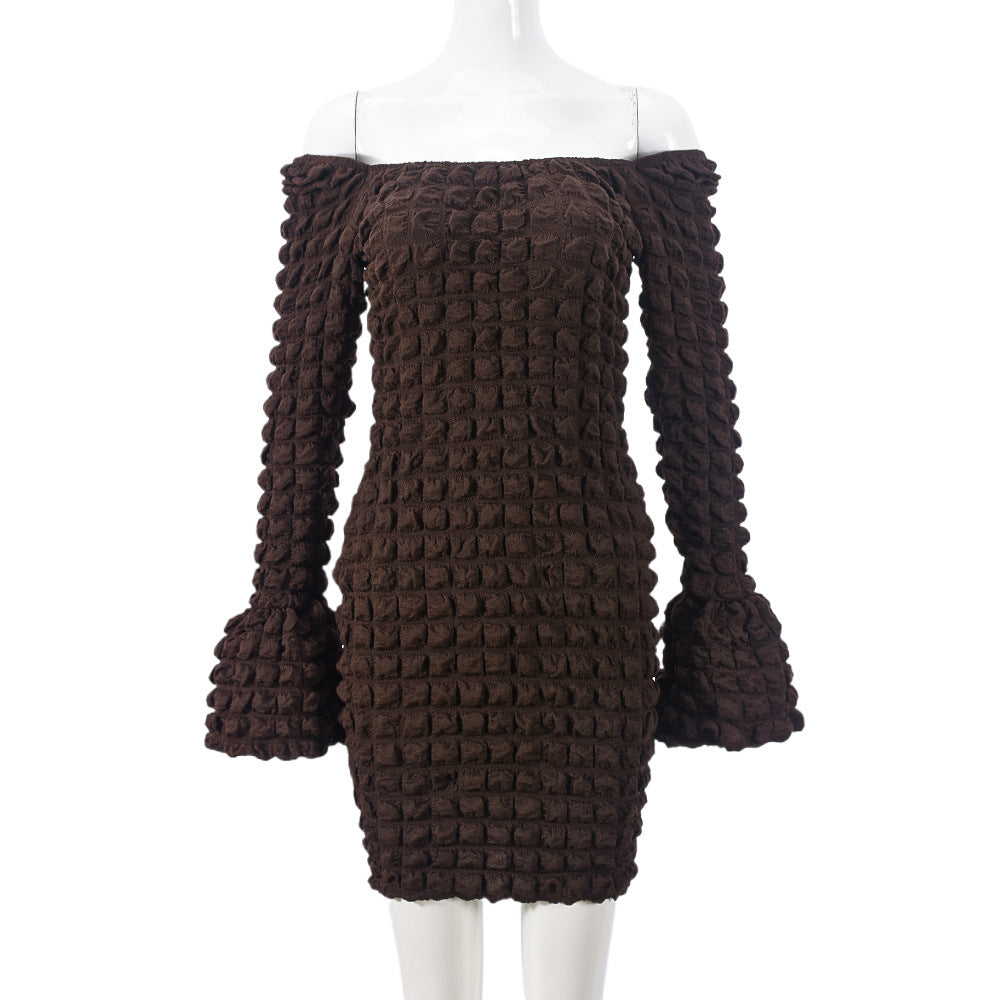 Seersucker Hollow Out Cutout Corset Horn Long Sleeve Dress Shop One Place