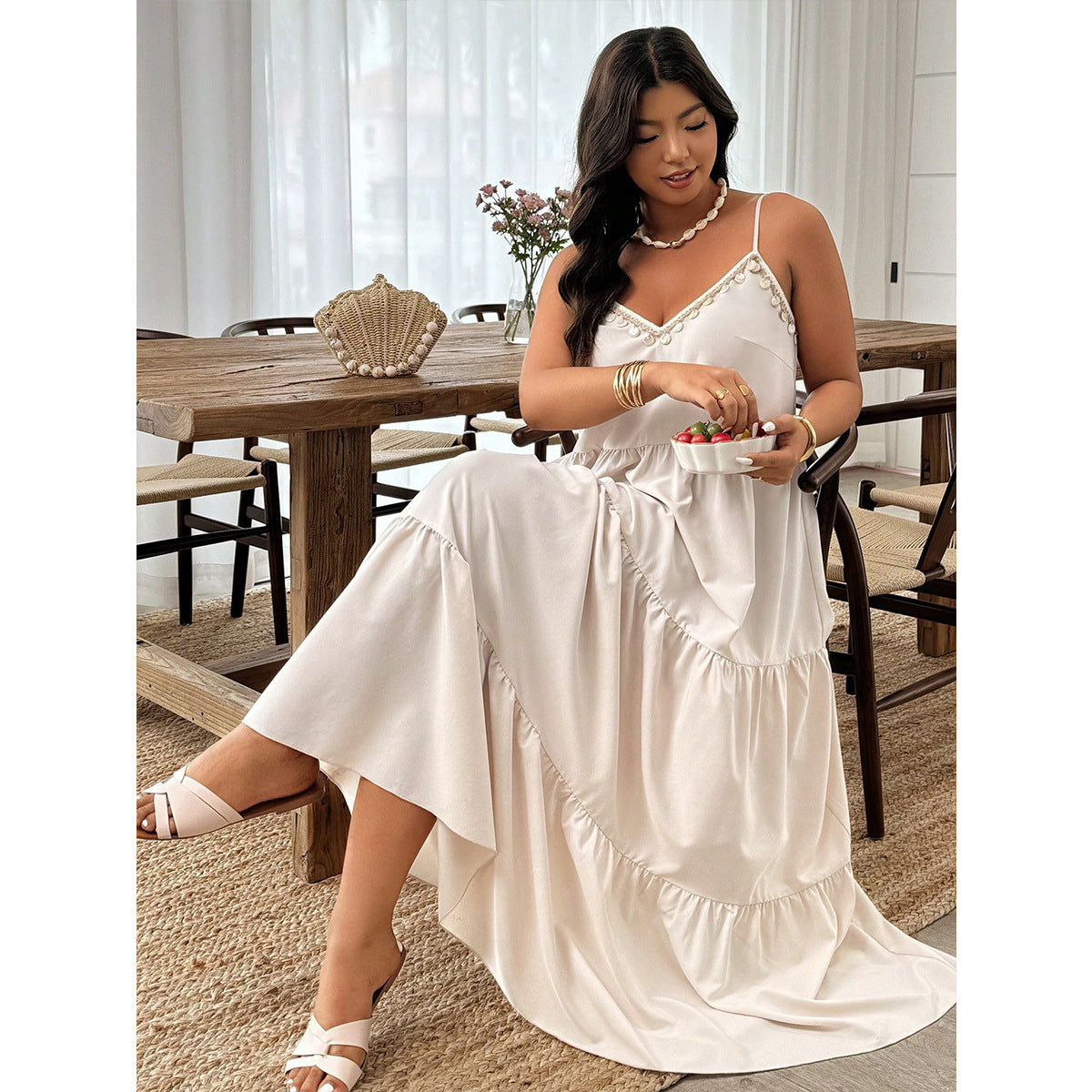 Plus Size Dress Tassel Trim Decoration Dress Travel V neck Strap Loose Tiered Ruffle Maxi Dress Shop One Place